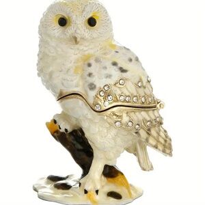 Decorative Owl Trinket Box Figurine with Crystals - White and Gold